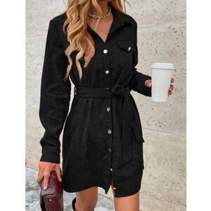 NWOT Shein Black Corduroy Belted Shirt Dress Long Sleeve Button Front Size S